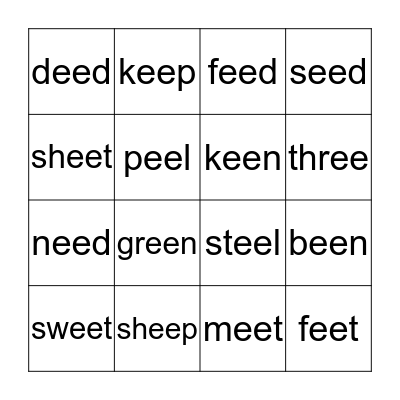 Long e sound- ee  Bingo Card