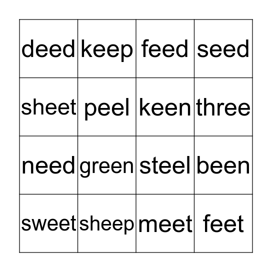Long e sound- ee  Bingo Card