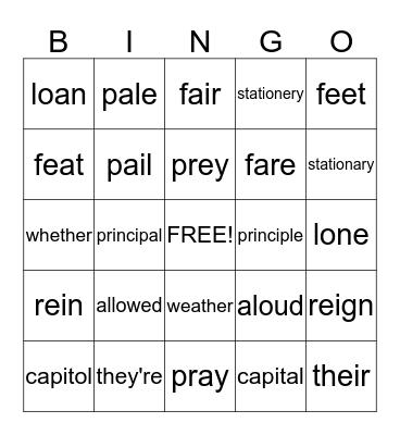 Homonyms Bingo Card