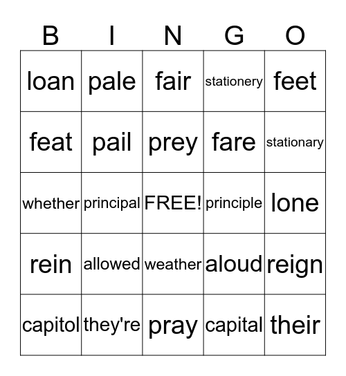 Homonyms Bingo Card