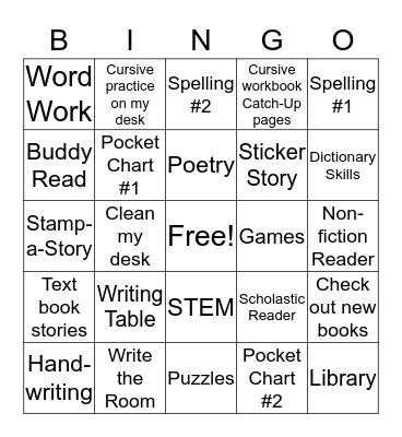 Reading Rotations Bingo Card