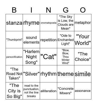 Poetry Bingo Card