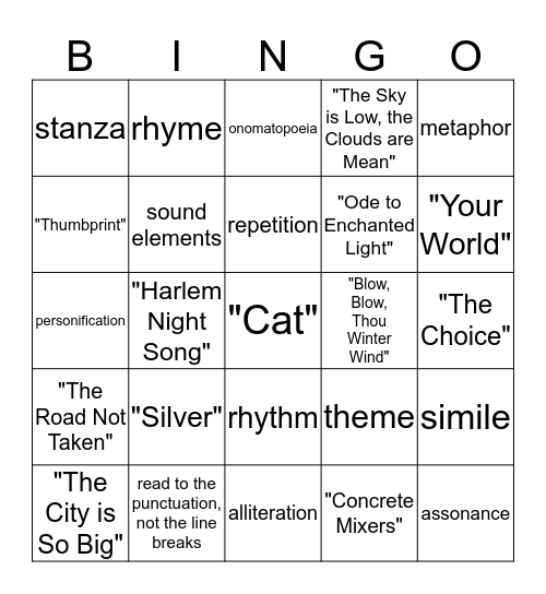 Poetry Bingo Card