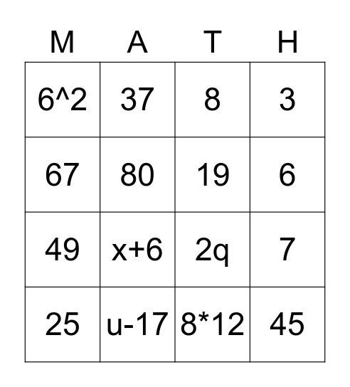 MATH Bingo Card