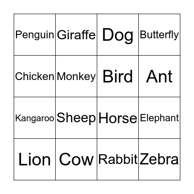 Animal Bingo Card