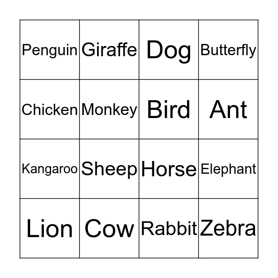 Animal Bingo Card
