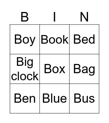 Letter B Bingo Card