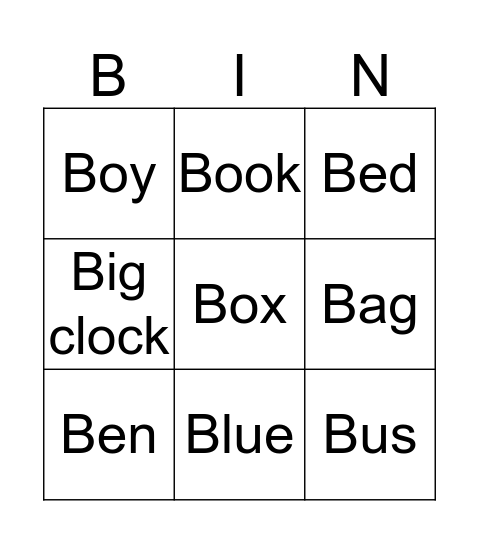 Letter B Bingo Card