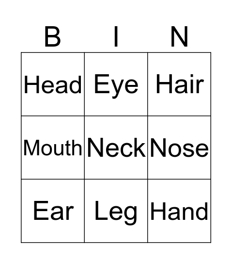 Body and Face Bingo Card