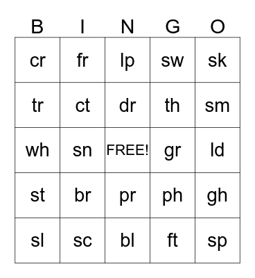 Consonant Blends Bingo Card