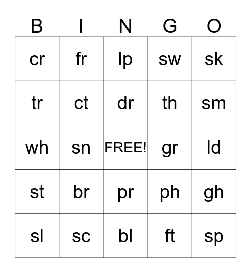 Consonant Blends Bingo Card