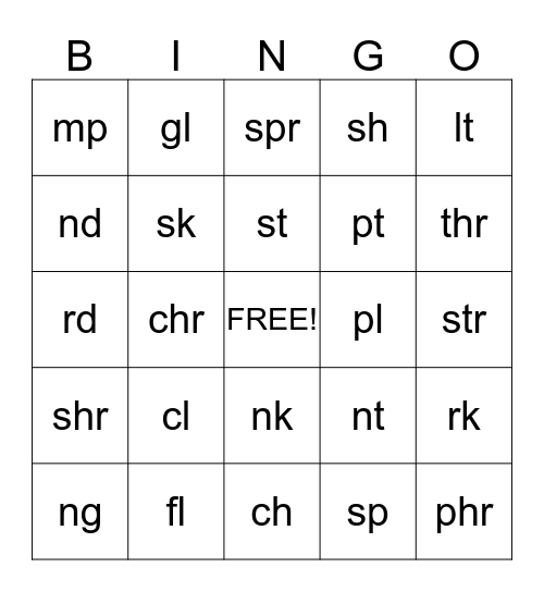 Consonant Blends Bingo Card