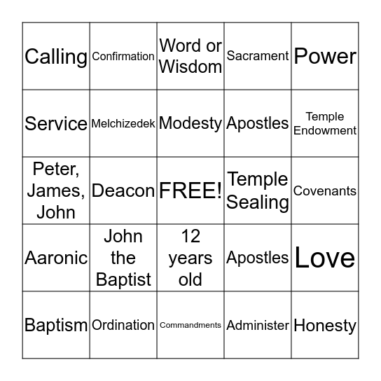 Priesthood Power Bingo Card