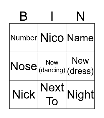 Letter N Bingo Card