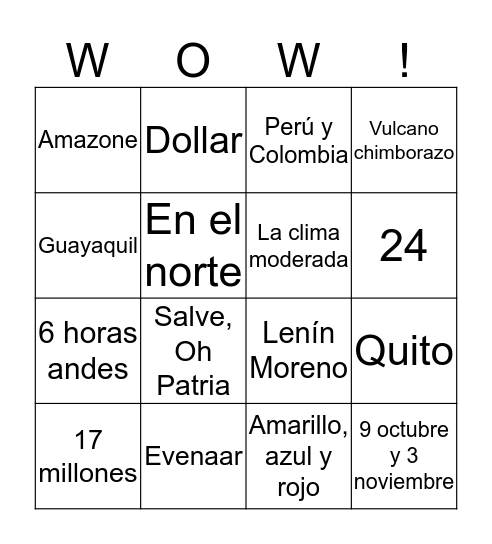 Ecuador Bingo Card