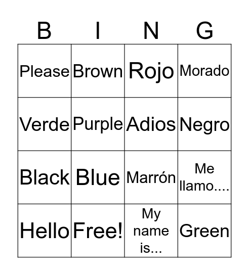 Los Colores Bingo! Bingo Card