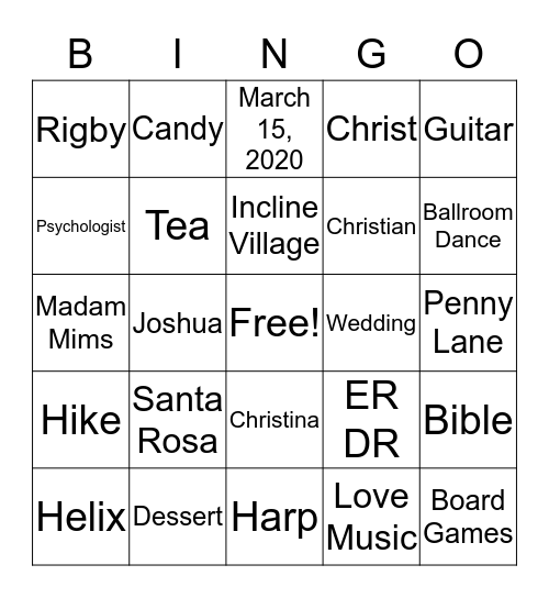 Christina's Bridal Shower Bingo Card