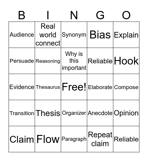 Academic Writing Vocab Bingo Card