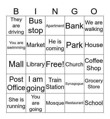 Places/Verbs/To be Bingo Card