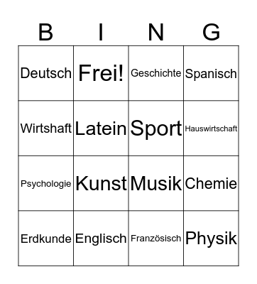 Schulfächer Bingo Card