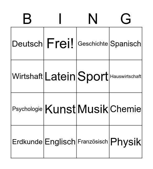 Schulfächer Bingo Card