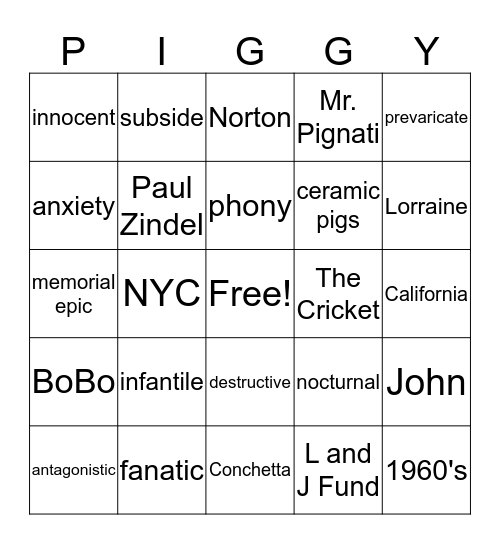 Pigman Bingo Card