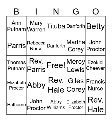 Crucible Characters Bingo Card