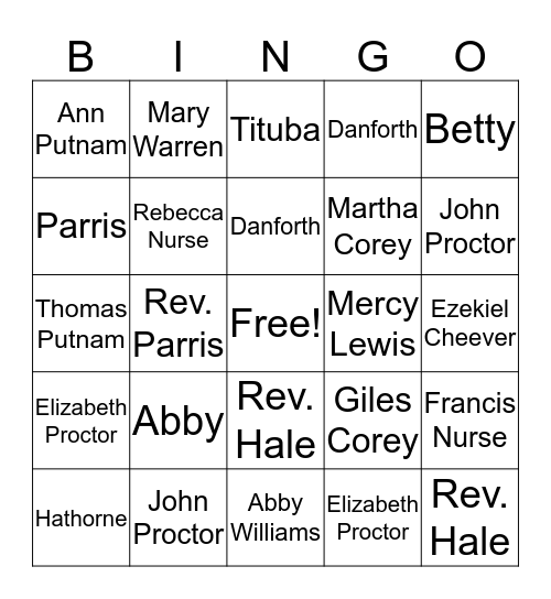 Crucible Characters Bingo Card