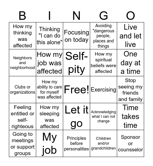 Recovery Bingo Card