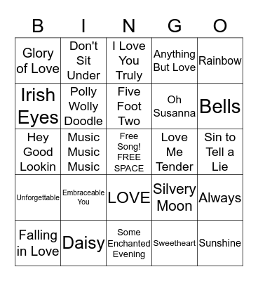 Love Songs Bingo Card