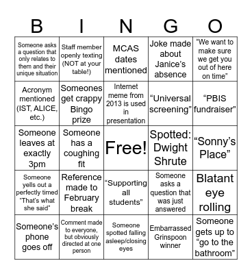 Bears. Beets. February Faculty Meeting. Bingo Card