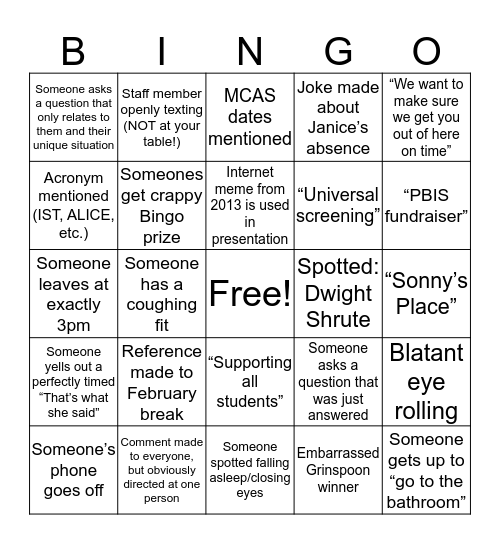 Bears. Beets. February Faculty Meeting. Bingo Card