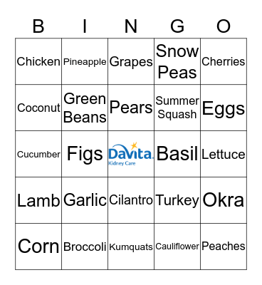 Kidney Friendly Foods Bingo Card