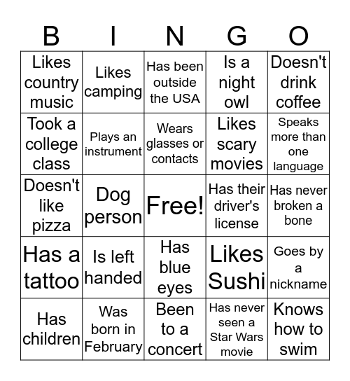 Ice Breaker Bingo Card