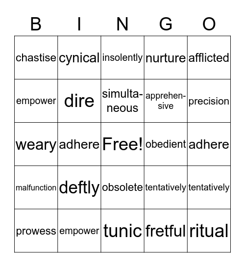 The Giver Vocabulary Quiz Bingo Card