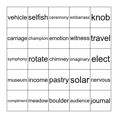 VOCABULARY BINGO Card