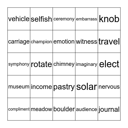 VOCABULARY BINGO Card