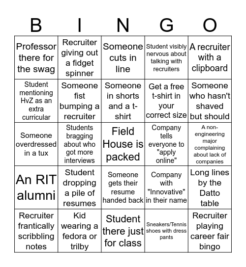 RIT Career Fair Bingo Card