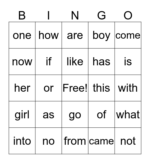 Sight Word Bingo Card