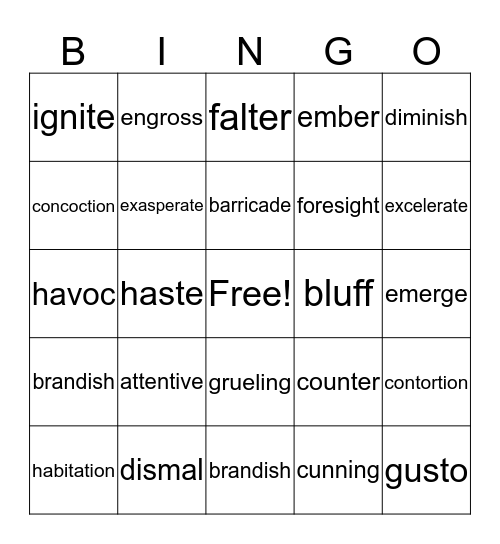 Vocabulary Middle School Bingo Card