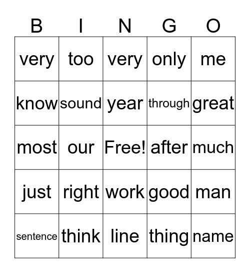 Sight Words 2-20 Bingo Card