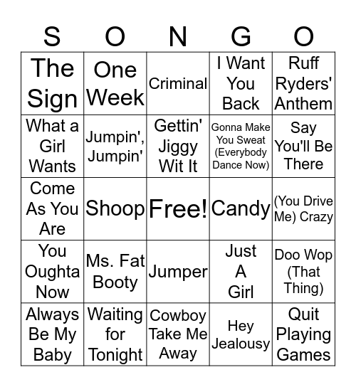 90's Round One Bingo Card