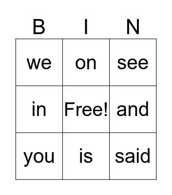 Sight Words Bingo Card