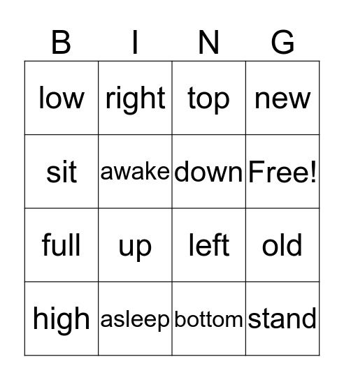Opposites Bingo #2 Bingo Card