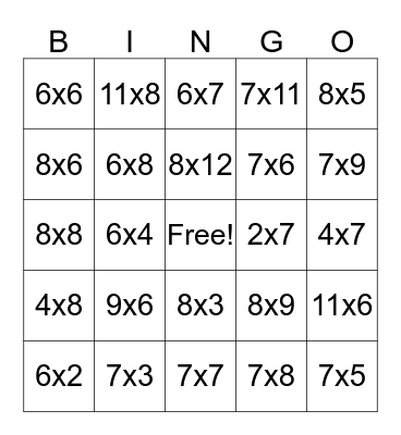Multiplication Bingo 6,7,8 Bingo Card