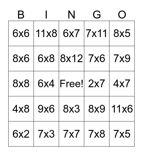 Multiplication Bingo 6,7,8 Bingo Card