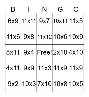 Multiplication Bingo 9, 10, 11 Bingo Card