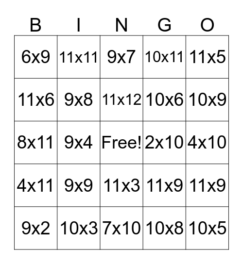Multiplication Bingo 9, 10, 11 Bingo Card