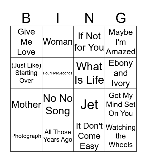 Not The Beatles Bingo Card