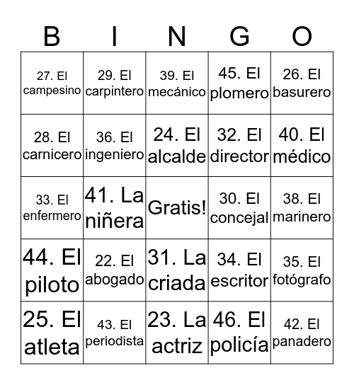 Profesiones Bingo Card